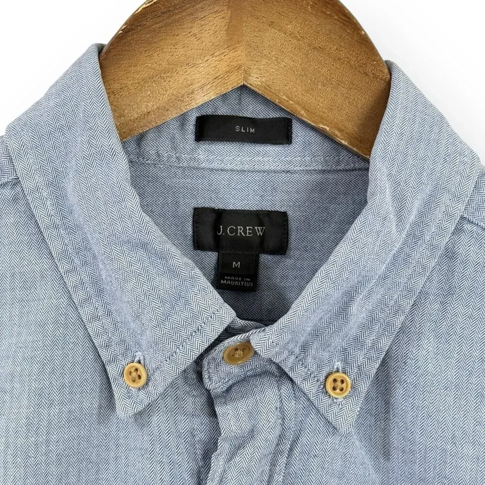 J Crew Slim Fit Herringbone Shirt Mens M Blue Long Sleeve Button Up Cotton